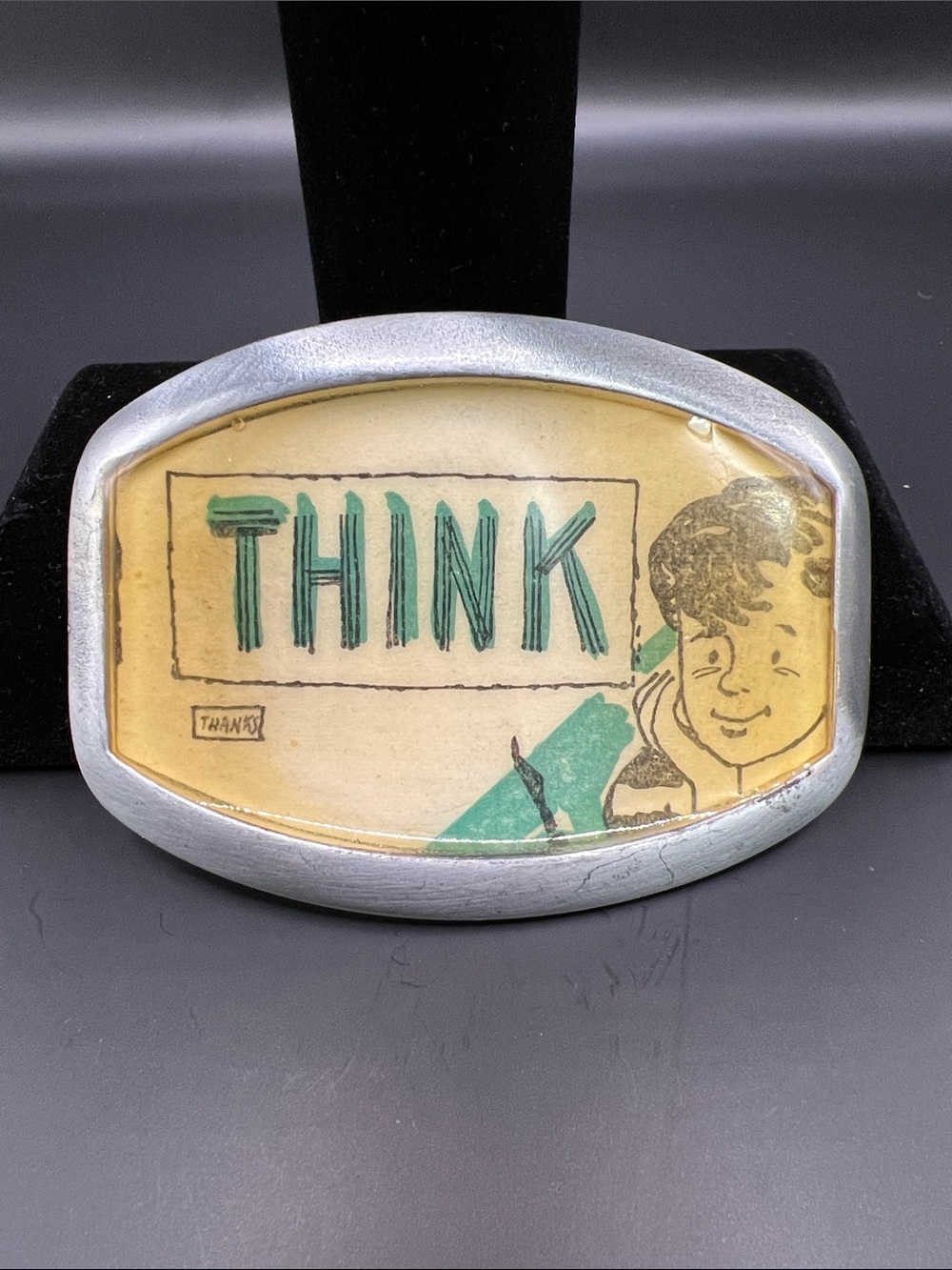 Retro 'THINK' Illustration Belt Buckle - Aqua & Cream